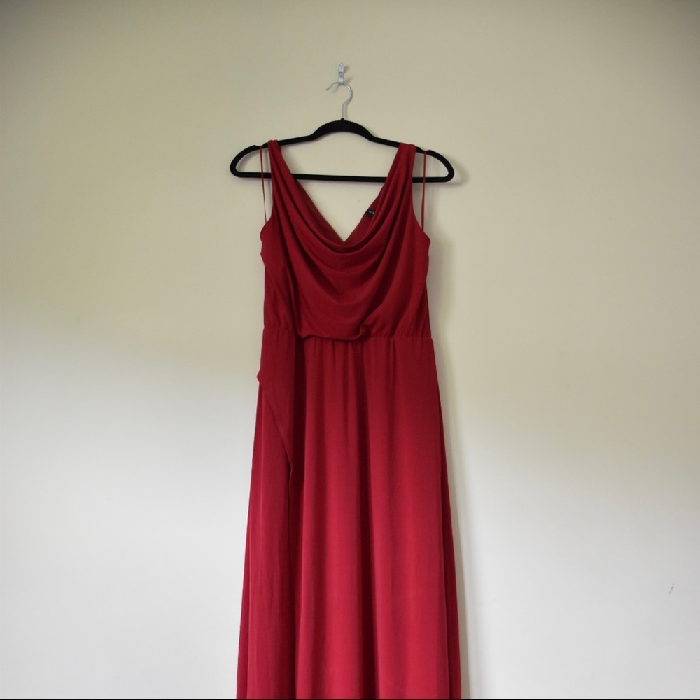 Red cowl neck maxi dress with front side slit